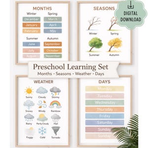 Op de afbeelding: Een set van vier ingelijste educatieve posters voor kleuters. De posters tonen maanden, seizoenen, weer en dagen van de week. Het kleurenpalet omvat zachte pasteltinten en illustraties van weersomstandigheden.