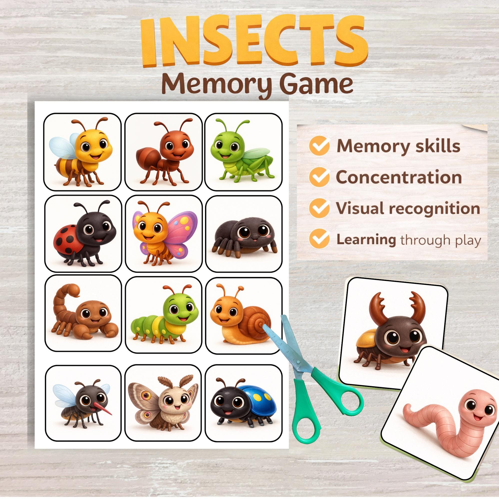 Memory Game Insectos Insects Memory Game Printable | Cute Bugs Matching Game | Preschool ...