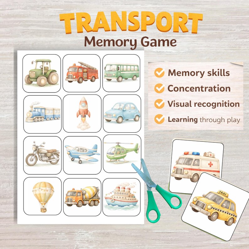 Transport Memory Game Printable | Vehicles Matching Game for Kids ...
