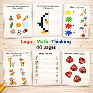 May include: A set of educational activity sheets for children. The sheets include matching shapes, completing pictures, matching colors, matching animal parts, tracing lines, and finding identical pictures. The text on the image says "Logic Math Thinking 40 pages."
