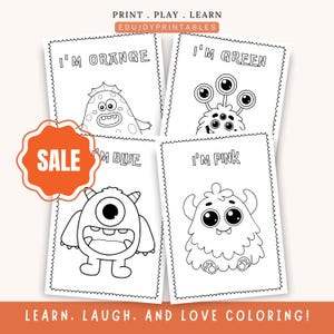 May include: Four coloring pages with monster illustrations. Each page features a different monster and the text "I'M ORANGE", "I'M GREEN", "I'M BLUE", and "I'M PINK". The top of the image reads "PRINT. PLAY. LEARN" and "EDUJOYPRINTABLES". The bottom reads "LEARN. LAUGH. AND LOVE COLORING!"