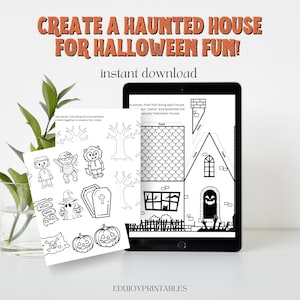 Haunted House Paper Craft zum Ausmalen und Ausschneiden, Halloween Malvorlage zum Ausmalen und Ausmalen für Kinder