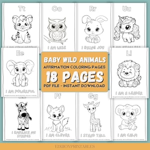 18 Animal Coloring Pages for Kids | Affirmation Coloring Book | Educational Printable for Kids | Instant Download