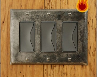 Wall Plate - Fire Cooked Wrought Iron Triple Rocker/Decora Wall Plate