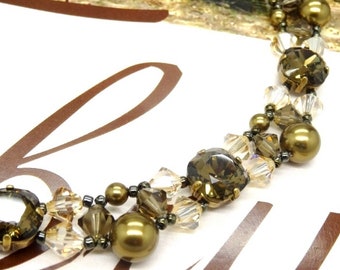 Necklace NICOLA SMOKEY QUARTZ cabochons bicone crystal Swarovski Czech faceted beads faux pearl glass bronze chic wedding elegance K071