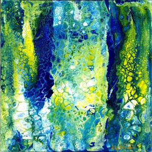 Tableau 25x25cm LUMIO PAINTINGS bleu vert jaune multicolore peinture acrylique abstrait coulée toile sur carton spatule silicone 01F25
