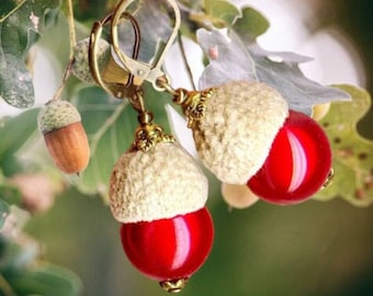 ACORN Earrings with MIRACLE glass beads 14mm and natural bead caps from oak trees france forest unique automn gift bronze