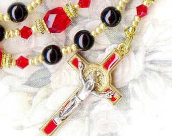 Rosary BLACK and RED SIAM crystal beads Czech Swarovski glass brass gold-tone religious