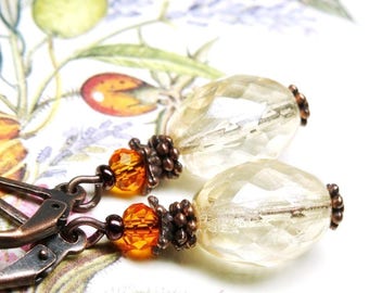 Earrings  LOUISE TREASURES faceted crystal beads luster topaz gold copper orange vintage rondelle  OR752