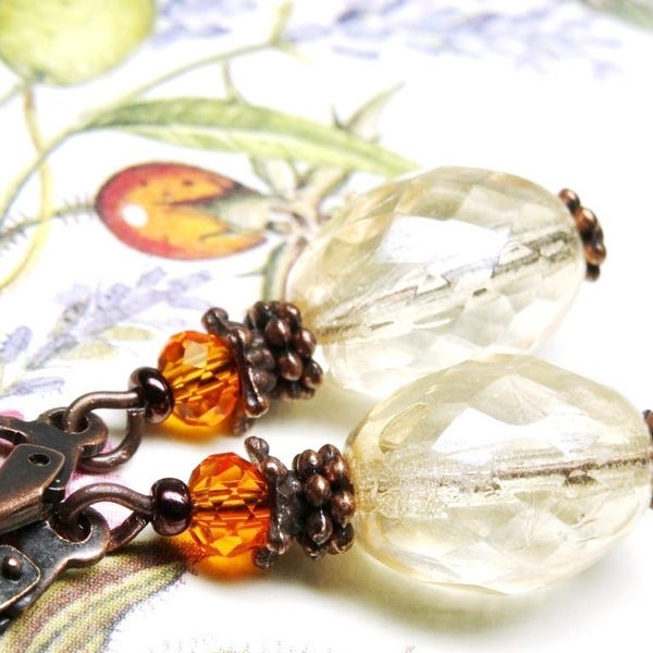 Earrings  LOUISE TREASURES faceted crystal beads luster topaz gold copper orange vintage rondelle  OR752