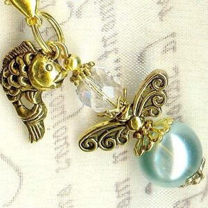 Bijou Porte-chéquiers ANGES perles en verre et cristal de Bohême breloque en métal or antique mousqueton pendentif sac bijou cadeau bonheur bleu clair