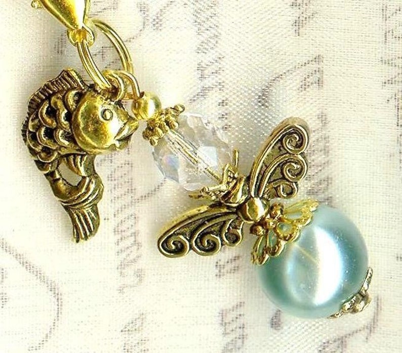 ANGEL charm for your wallet or checker holder faceted crystal and faux pearl glass beads pendant gift antiqued gold wedding guests luck love bleu clair