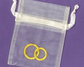 20x organza gift bags IVOIRY with WEDDING rings embroidered 7.5x10cm high quality packaging