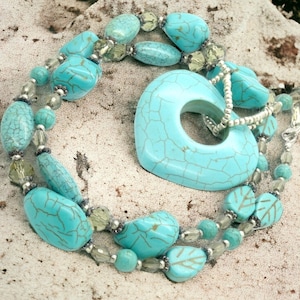 Necklace HEART TURQUOISE donut gemstone beads pendant round oval freeform nuggets crystal faceted grey love valentines day gift image 1