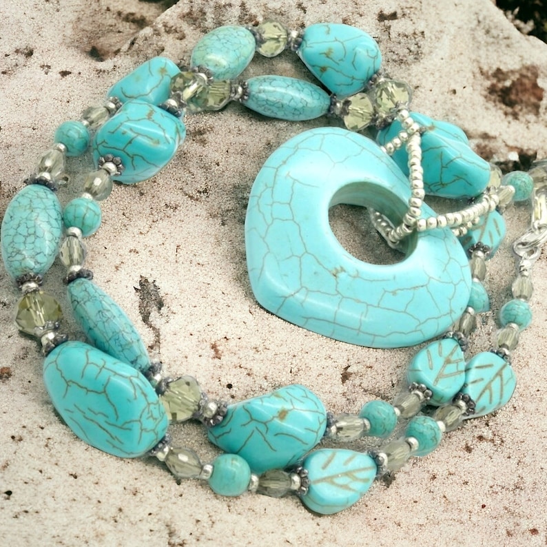 Necklace HEART TURQUOISE donut gemstone beads pendant round oval freeform nuggets crystal faceted grey love valentines day gift image 1