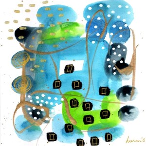 Carte double OCEAN GARDENS 15x15cm encres acryliques abstrait original tableau enveloppe LUMIO cadeau anniversaire art collection bleu vert