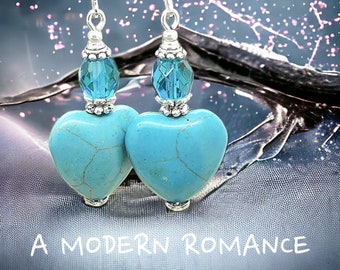 Boucles d'oreilles COEURS TURQUOISE avec perles en pierre et facettes de Bohême antique vintage amour Saint Valentin cadeau