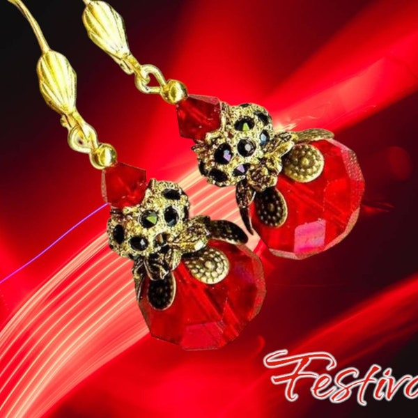 Boucles FESTIVALE ROUGE et NOIR perles facettes boheme rondelle strass or antique fete nouvel an chic glamour Or579