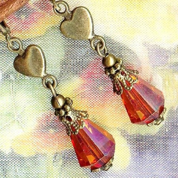 Boucles COEURS en FLAMMES vintage perles en cristal orange gouttes facettes connecteur amour OR695