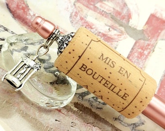 Ball Pen VINEYARD FRANCE GAILLAC with real cork charm corkscrew tibetan silver wine bottle pink metallic gift school office writing letter