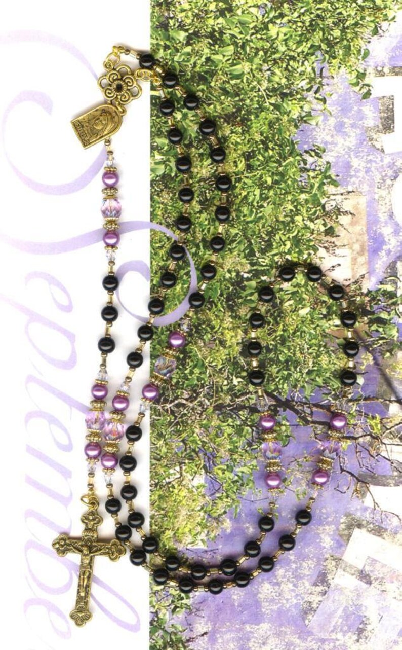 Rosary BLACK and VIOLET lilac beads crystal glass bohemian cross medal religious necklaceholy RK106 image 2