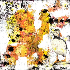 El BIRD SQUIRREL Red DEER pintura original 25x25cm técnica mixta collage arte decoración interior del hogar Lumio lienzo de cartón sin marco