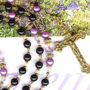 Rosary BLACK and VIOLET lilac beads crystal glass bohemian cross medal religious necklaceholy RK106 image 1