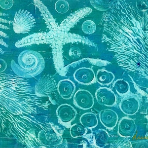 Carte double d'art TROPICAL OCEAN peinture acryliques marqueurs monotype étoile mer coquillage plage original 10x15cm enveloppe LUMIO