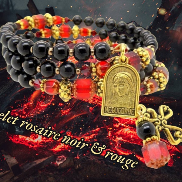 Bracelet Rosaire NOIR et ROUGE perles verre cristal cathédral facettes antique crucifix medaille or antique breloque bronze RK113