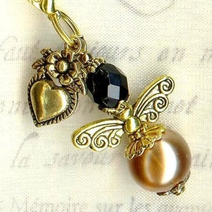 ANGEL charm for your wallet or checker holder faceted crystal and faux pearl glass beads pendant gift antiqued gold wedding guests luck love noir & or