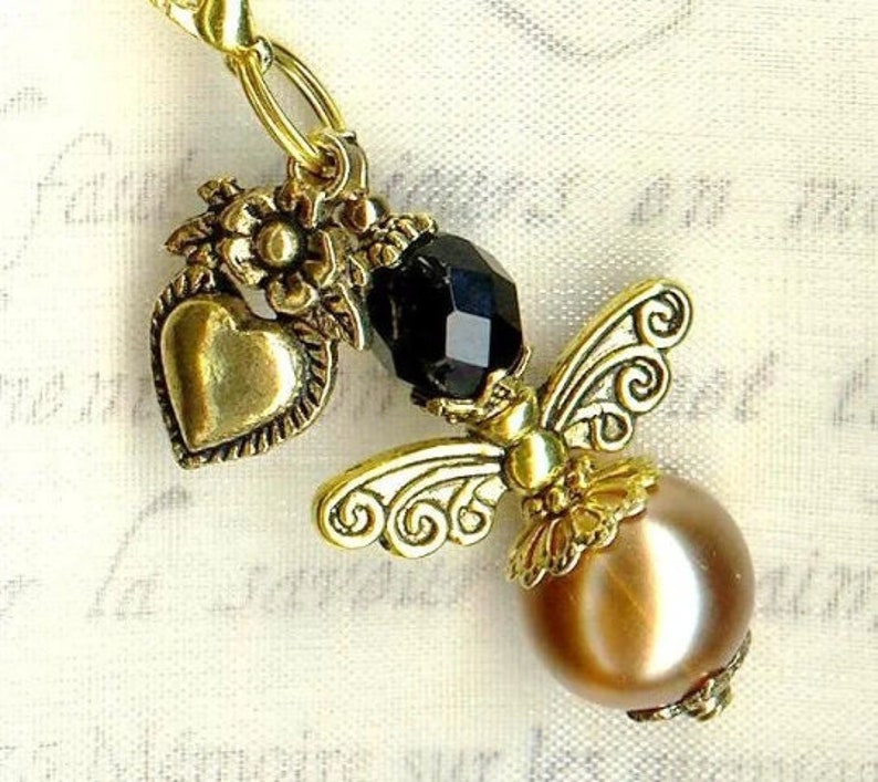 ANGEL charm for your wallet or checker holder faceted crystal and faux pearl glass beads pendant gift antiqued gold wedding guests luck love noir & or