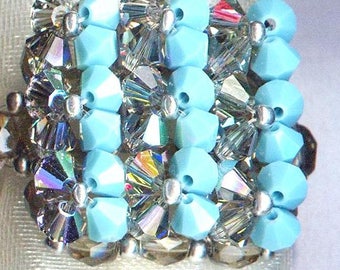 Ring CARRE turquoise and black diamond swarovski crystal faceted beads Czech fire-polished beads