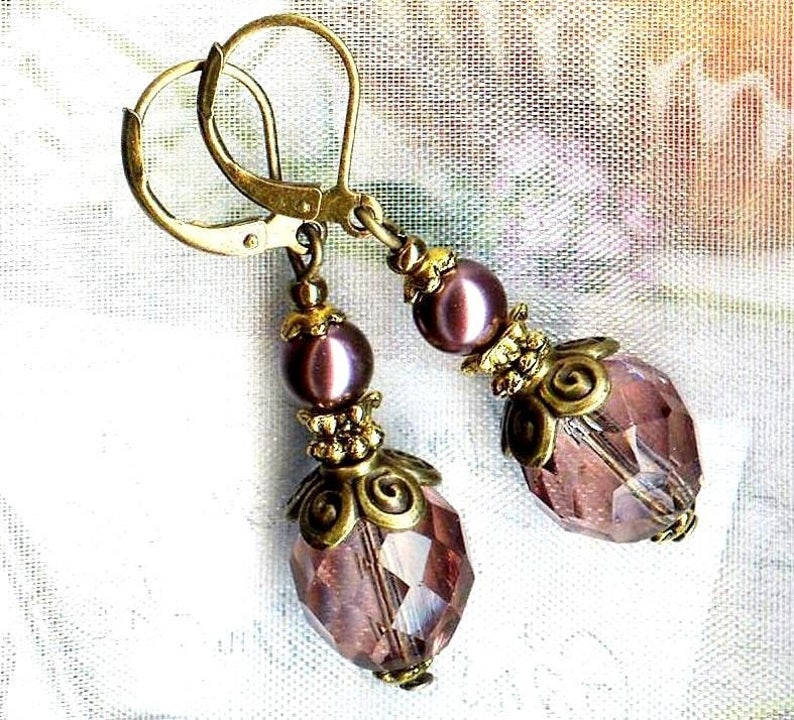 Boucles VINTAGE AMETHYSTE Burgundy cristal bronze perles verre nacré facette boheme antiqued OR701 image 4