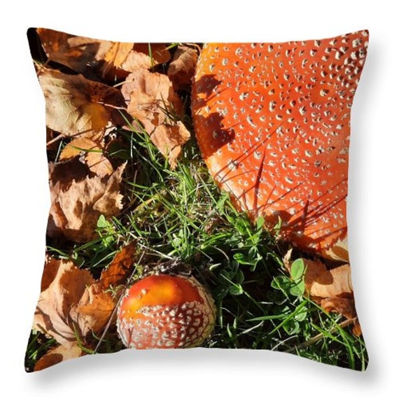 Housse Coussin Amanites Champignon Foret Automne Impression Beige Lin Photo Décoration Maison Campag