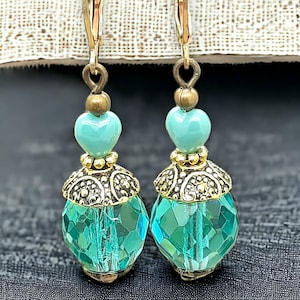 BOHEMIAN EMERALD earrings with 12mm faceted crystal beads and small 6mm glass hearts vintage love Valentine's Day gift Bronze