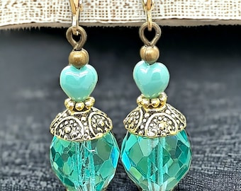 BOHEMIAN EMERALD earrings with 12mm faceted crystal beads and small 6mm glass hearts vintage love Valentine's Day gift