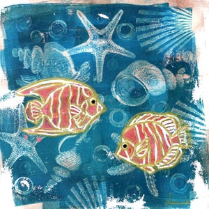 Carte double d'art TROPICAL FISH peinture acryliques marqueurs monotype étoile mer coquillage plage original 15x15cm enveloppe LUMIO