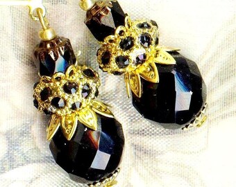 Earrings FESTIVAL BLACK crystal GOLD rhinestone roundel beads faceted party OR746