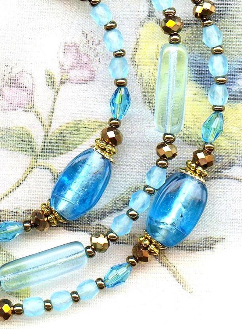 Cordon lunettes AQUAMARINE matt LAMPWORK perles verre feuille d'argent facettes Bohême cristal bronze fleur rose tube océan mer LUN030 image 9