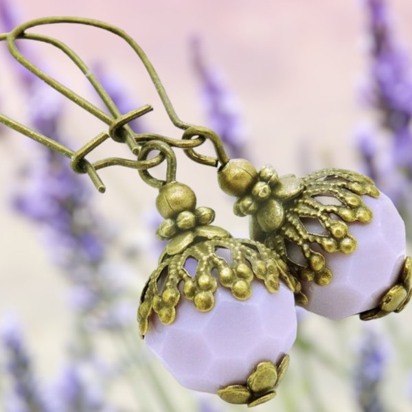 Boucles BONBONS à la LAVANDE perles cristal facette MAUVE opale bronze vintage mariage cadeau antique victoriens OR781