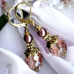 Boucles VINTAGE AMETHYSTE Burgundy cristal bronze perles verre nacré facette boheme antiqued OR701 image 2