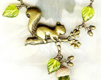 Necklace OAK SQUIRREL bronze with natural ACORN caps cristal beads and glass leaves forest provence animal