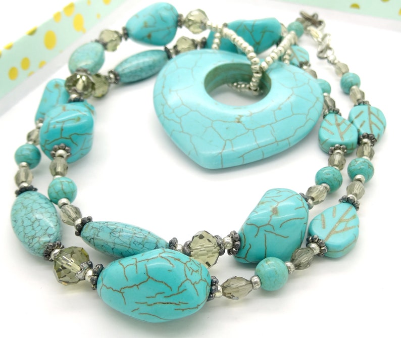 Necklace HEART TURQUOISE donut gemstone beads pendant round oval freeform nuggets crystal faceted grey love valentines day gift image 7