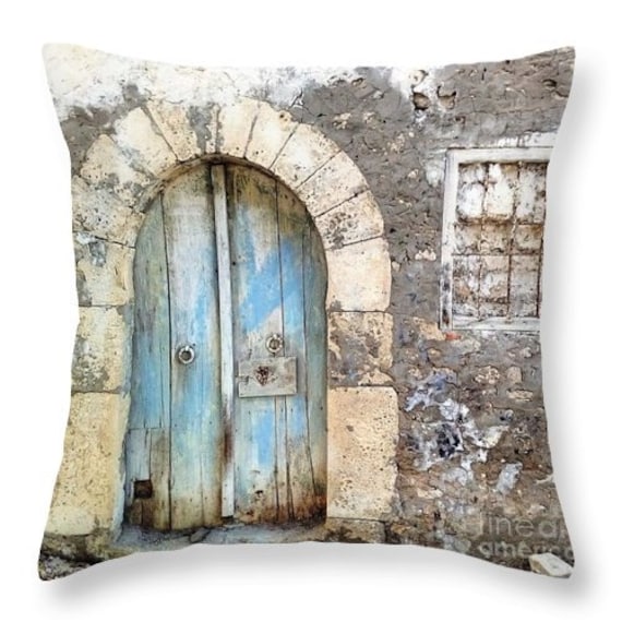 Housse Coussin Vieille Porte Bleue Impression Recto avec Verso Beige Lin Photo Tunisie Ancien Vintag