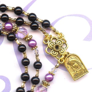 Rosary BLACK and VIOLET lilac beads crystal glass bohemian cross medal religious necklaceholy RK106 image 3