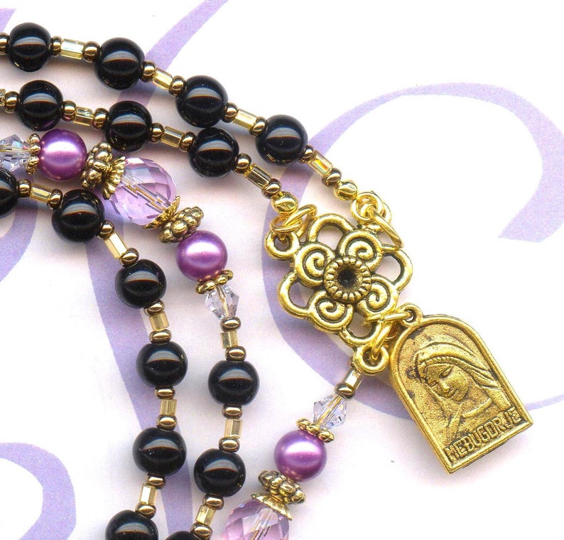 Rosary BLACK and VIOLET lilac beads crystal glass bohemian cross medal religious necklaceholy RK106 image 3
