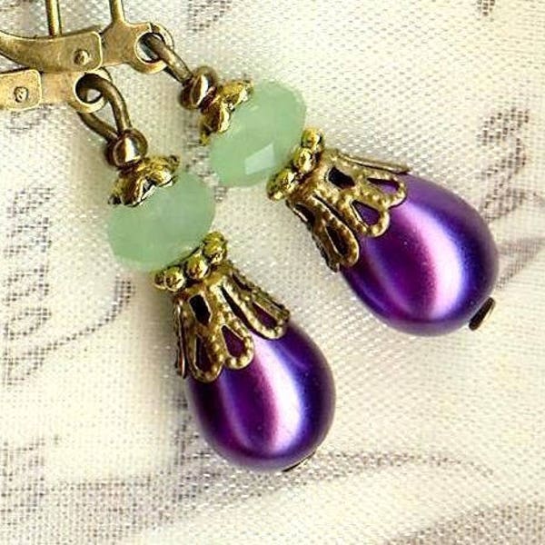 Boucles GOUTTES vintages petites AUBERGINES No. 2 perles verre nacré violet rondelle facettes boheme vert jade opale bronze OR478