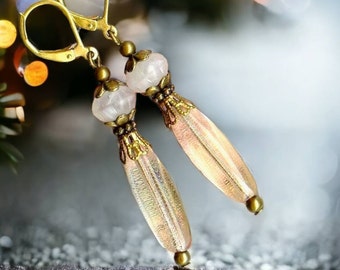 Boucles ELIXIR aux ROSES perles en verre et cristal Bohême vintage mariage cadeau printemps fleurs rondelle bronze OR560