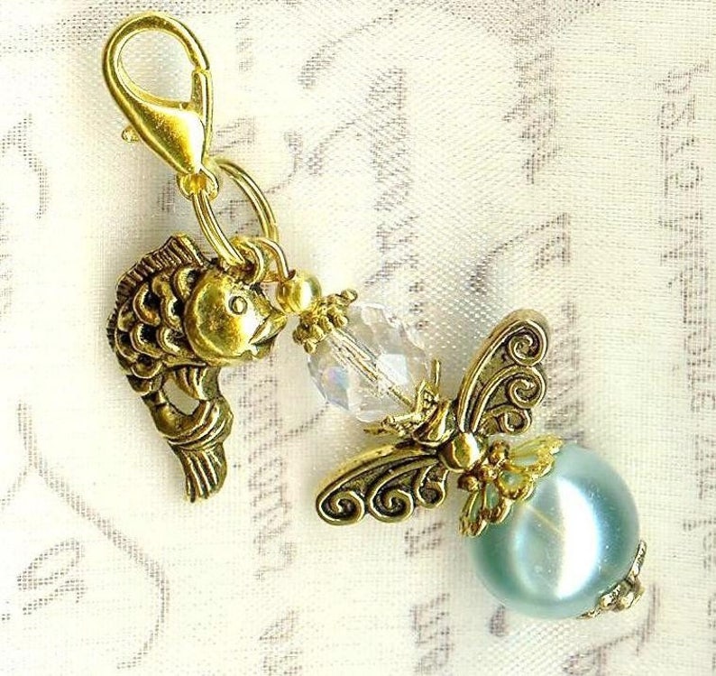 ANGEL charm for your wallet or checker holder faceted crystal and faux pearl glass beads pendant gift antiqued gold wedding guests luck love image 4