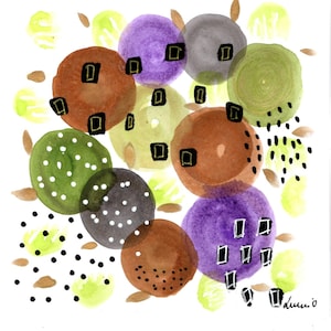 Carte double MYRTILLES 15x15cm ENCRES acryliques abstrait original d'un tableau peint main avec enveloppe LUMIO cadeau lilas vert violette